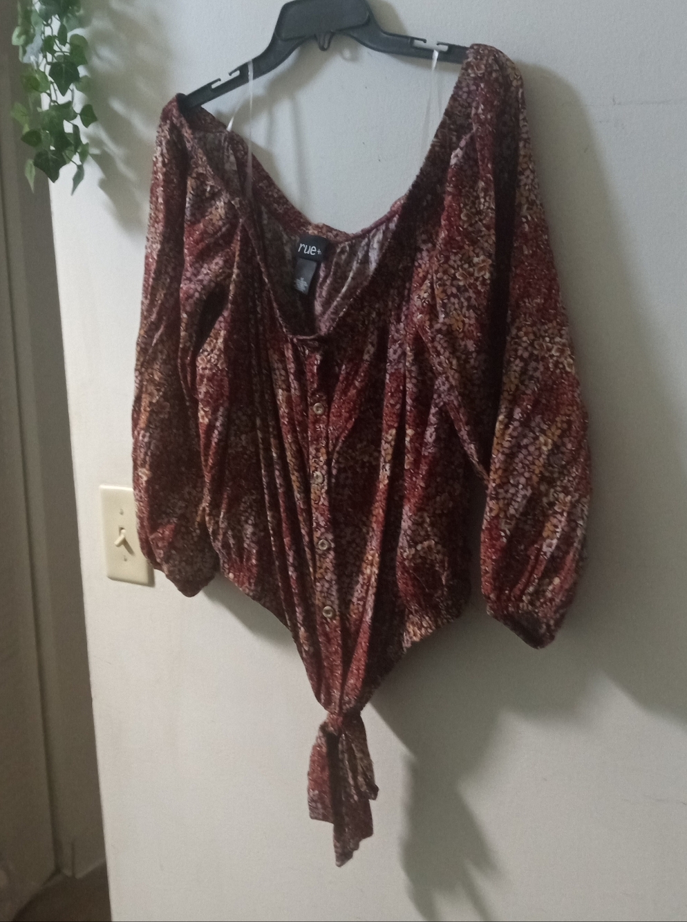 Rue21 Multicolor Rust Floral Button-Tie Peasant Blouse
